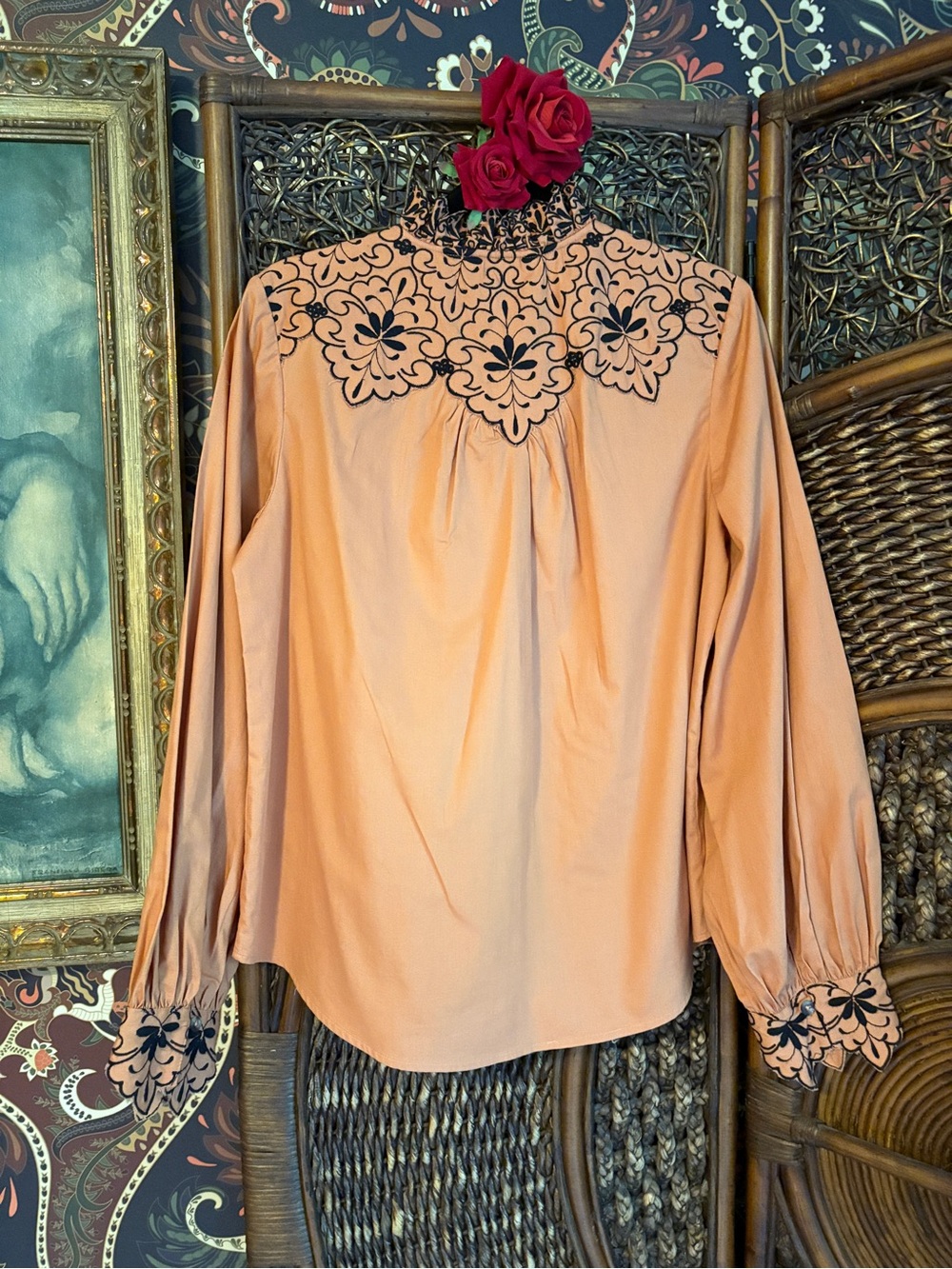 Anthropologie Peach Embroidered Ruffle Blouse US 8 Romantic Top - Picture 5 of 8